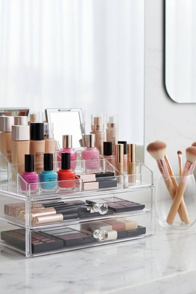 Acrylic makeup organizer with drawers holding makeup brushes, nail polish, and skincare products on a bathroom vanity