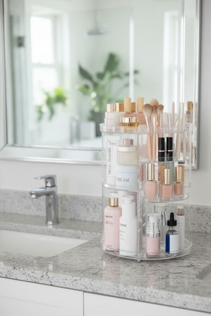 Clear acrylic rotating vanity organizer holding makeup an skincare products on a small bathroom countertop