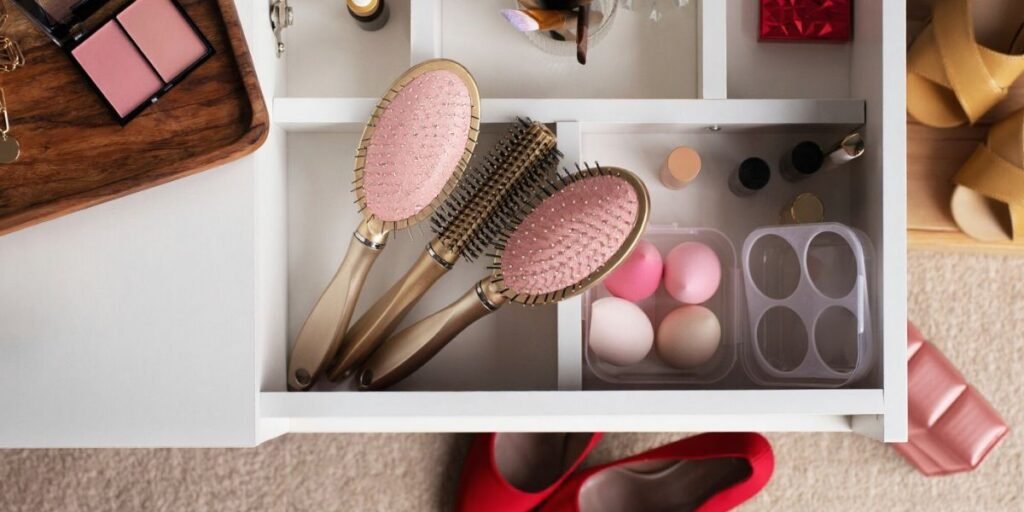 Organized vanity drawer with makeup brushes and beauty tools