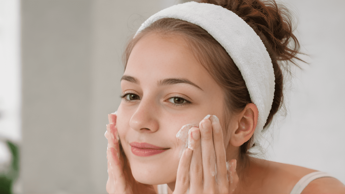 Teen applying gentle skincare routine for acne-prone skin at home