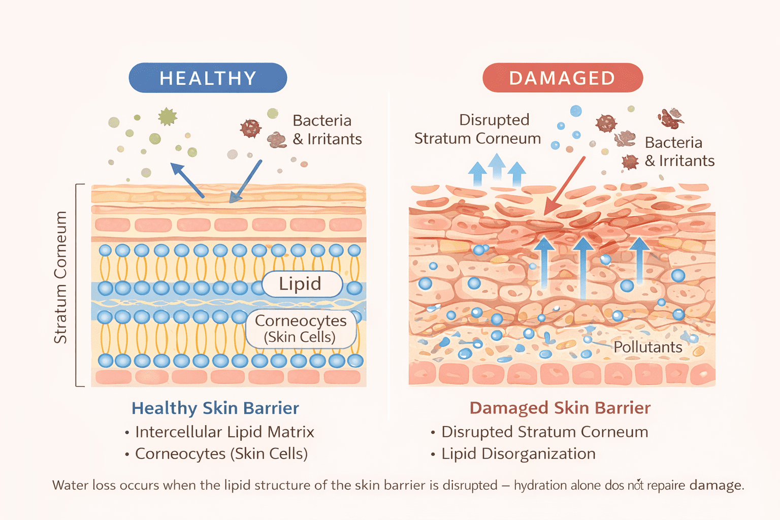 Illustration comparing a healthy skin barrier with a damaged skin barrier, showing lipid matrix organization, corneocytes, and increased transepidermal water loss