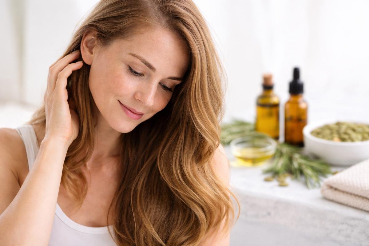 Woman with healthy looking hair in a calm, natural setting