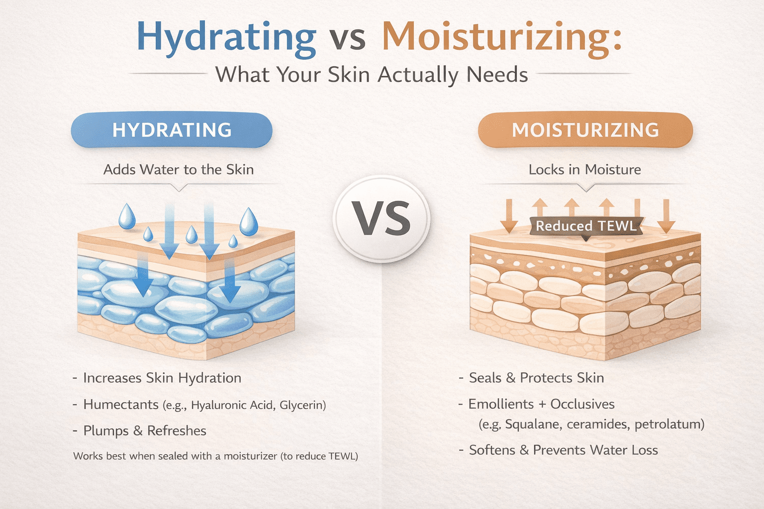 Diagram showing the difference between hydrating and moisturizing skincare, illustrating water absorption versus moisture retention in the skin.
