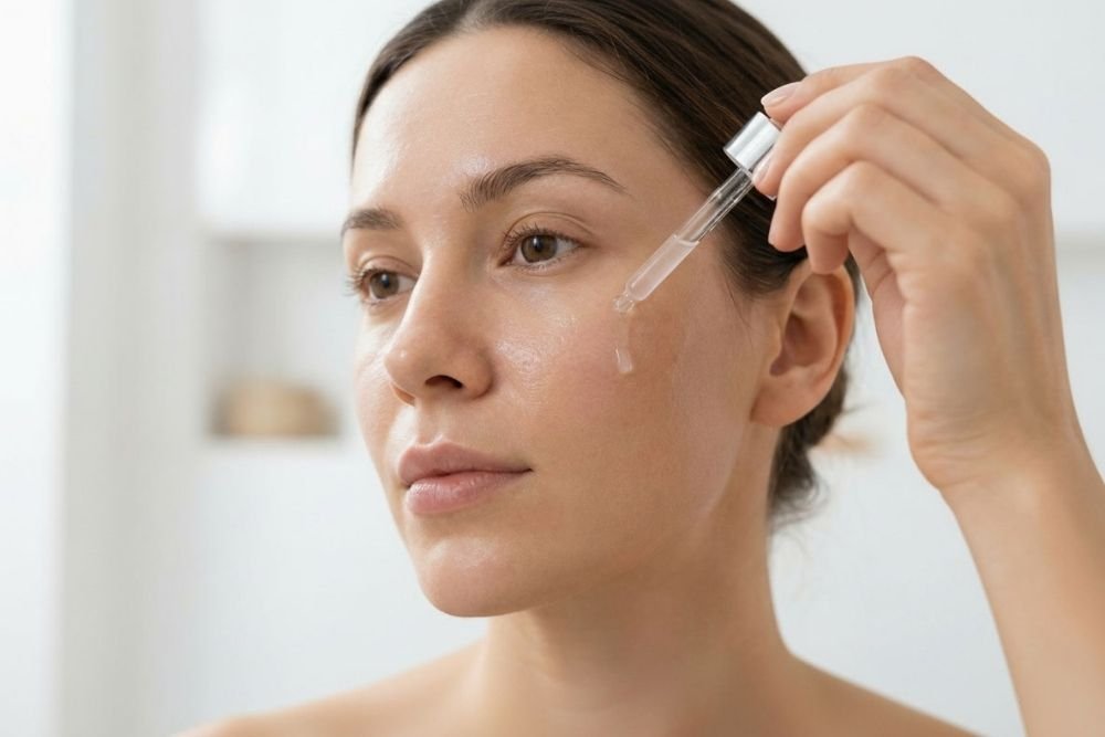 Niacinamide serum in a glass dropper bottle on a clean vanity surface, representing how niacinamide supports skin barrier health.