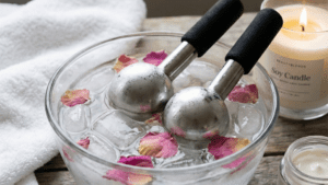 Cold facial massage using ice globes to reduce puffiness and refresh skin