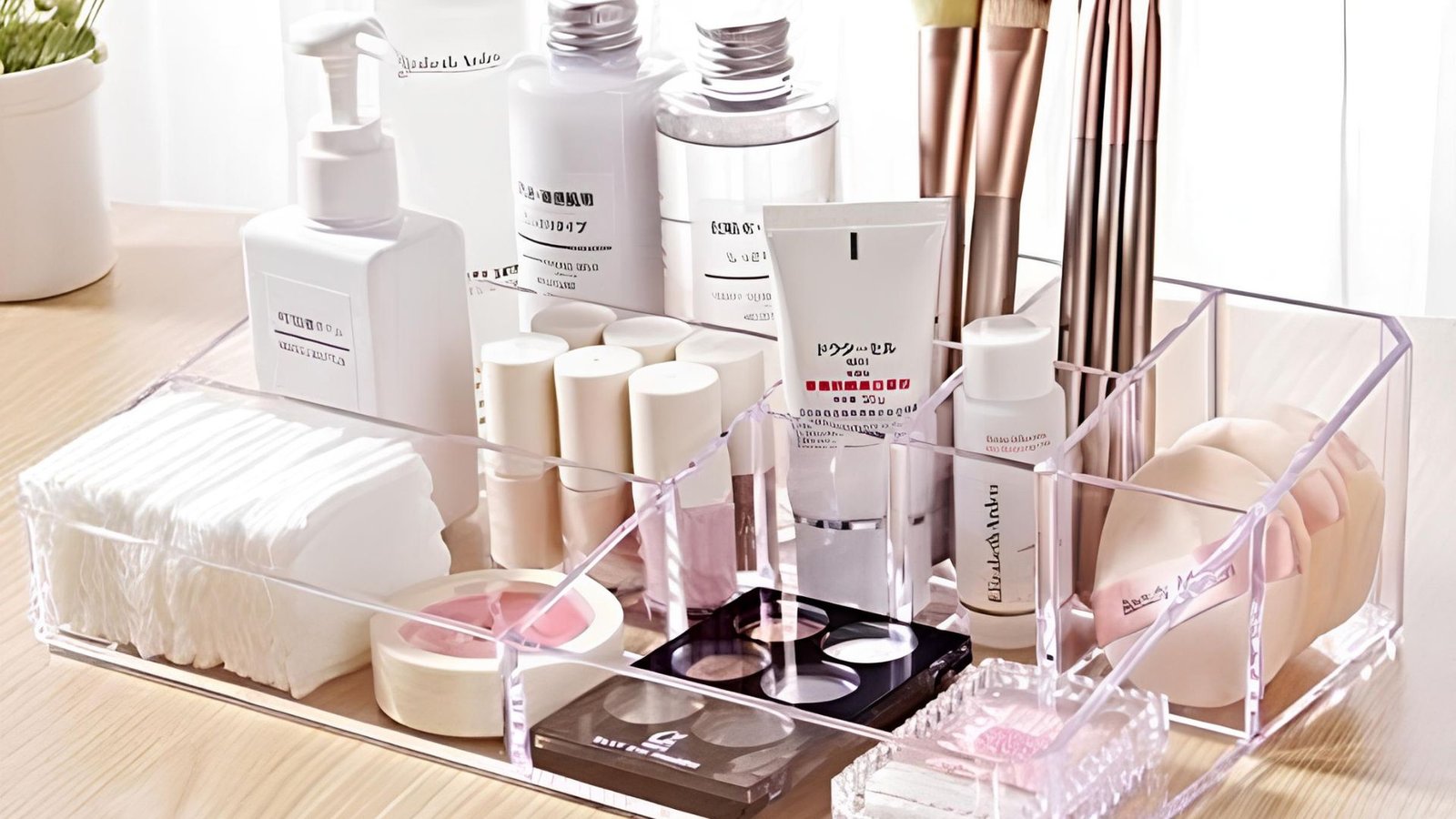 Clear acrylic vanity organizers holding makeup, skincare bottles, and brushes on a dressing table