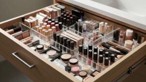 Space-saving vanity drawer organization with acrylic organizers