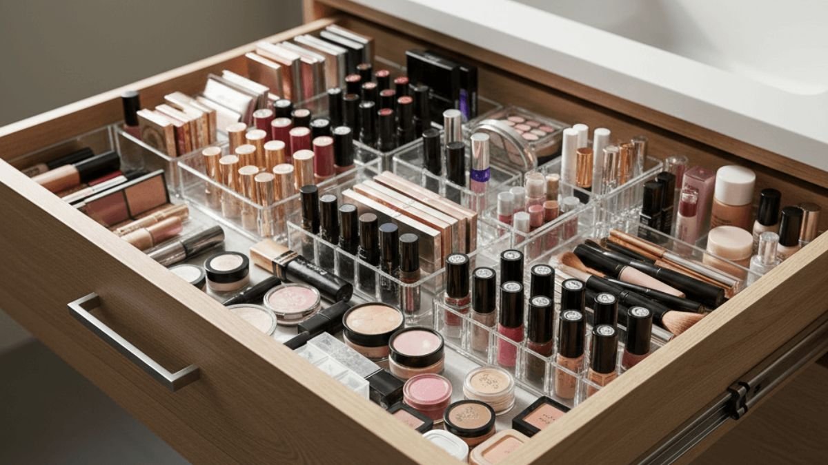 Space-saving vanity drawer organization with acrylic organizers